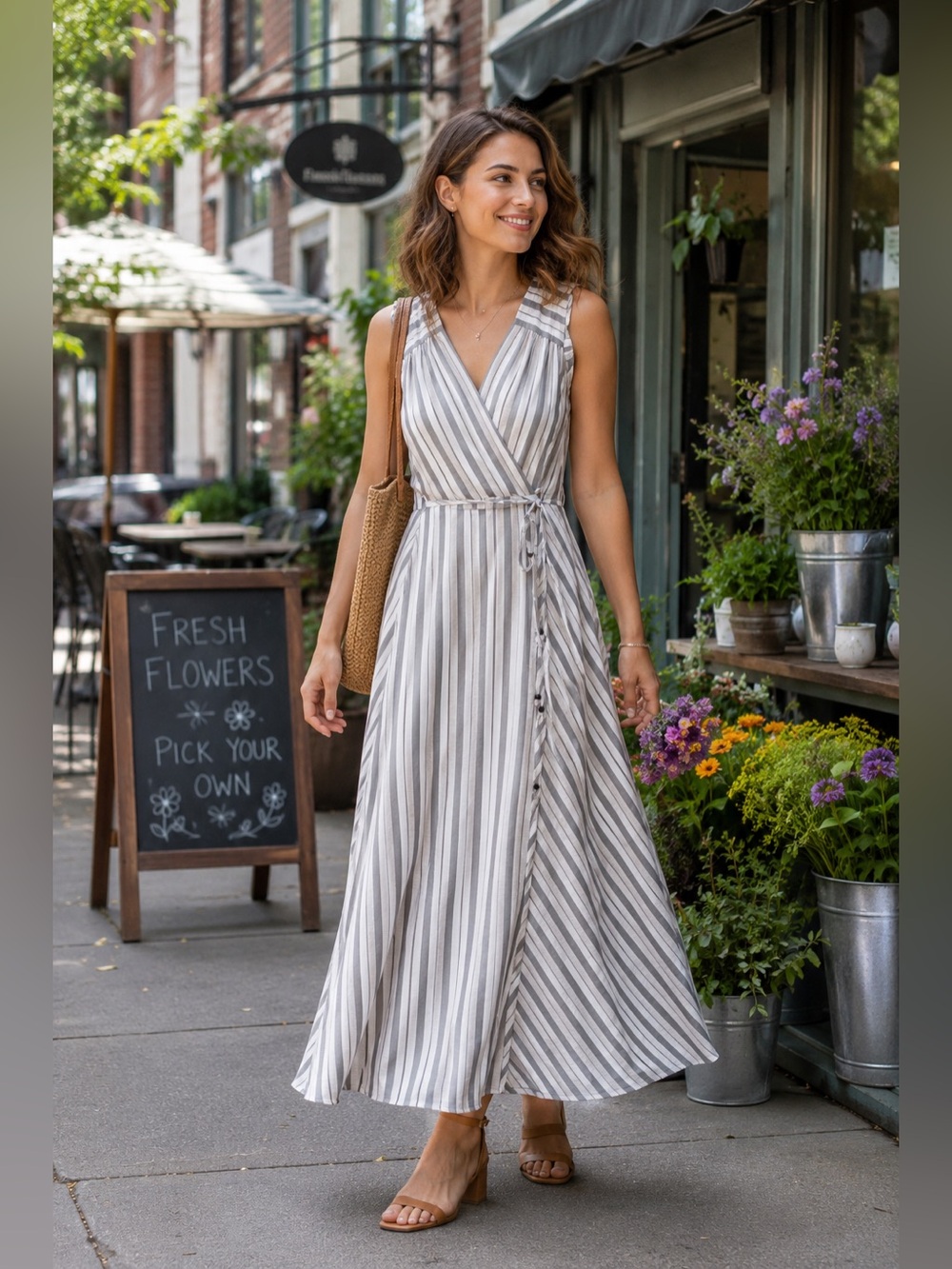 Calvin Klein Striped Wrap Maxi Dress Size 10 Gray White